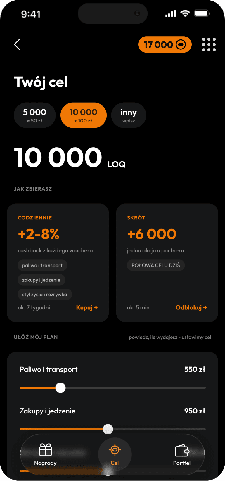 Ekran celu w aplikacji UNLOQ: cel 10 000 LOQ i dwie drogi do niego